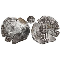 Potosi, Bolivia, cob 8 reales, (1650)O, early style, with crowned-L countermark on cross.