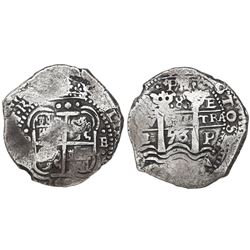 Potosi, Bolivia, cob 8 reales, 1653E, •PH• at top, four-digit date below cross.