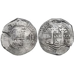Potosi, Bolivia, cob 8 reales, 1653E, •PH• at top.