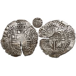 Potosi, Bolivia, cob 8 reales, 1650O, early-style date, with crowned-L countermark on cross.