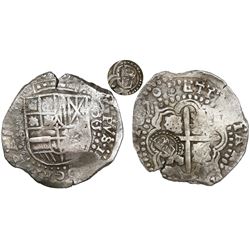 Potosi, Bolivia, cob 8 reales, 1650O, early-style date, with crowned-L countermark on cross.