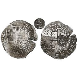 Potosi, Bolivia, cob 8 reales, 1650O, early-style date, with crowned-L countermark on cross.