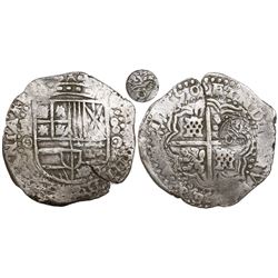 Potosi, Bolivia, cob 8 reales, 1650O, early-style date, with crowned-O countermark on cross.