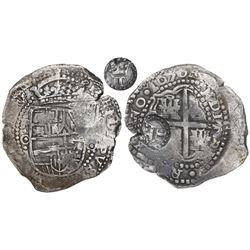 Potosi, Bolivia, cob 8 reales, 1650O, Latin 5, with crowned-T countermark (rare) on cross.