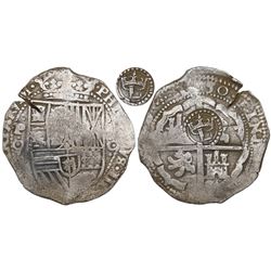 Potosi, Bolivia, cob 8 reales, 1650O, Latin 5, with crowned-L countermark on cross.