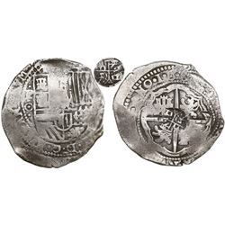 Potosi, Bolivia, cob 8 reales, •1•6•5•(0•) modern 5, assayer O, with crude lions-and-castles counter