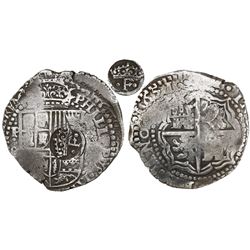 Potosi, Bolivia, cob 8 reales, 1651O, Latin 5, with crowned-•F• (two dots) countermark on shield.