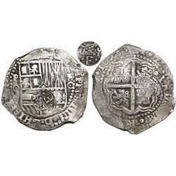 Potosi, Bolivia, cob 8 reales, 1651O, Latin 5, with crowned-•F• (two dots) countermark on shield.