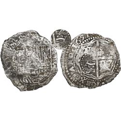 Potosi, Bolivia, cob 8 reales, 1651O, Latin 5, with crowned-L countermark on cross.