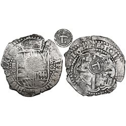 Potosi, Bolivia, cob 8 reales, 1651O, with crowned-L countermark on cross.