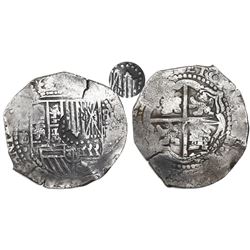 Potosi, Bolivia, cob 8 reales, (1651)E/O, with crowned-? countermark on shield.