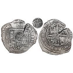 Potosi, Bolivia, cob 8 reales, 1651E, Latin 5, with crowned-•F• (two dots) countermark on shield.