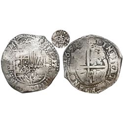 Potosi, Bolivia, cob 8 reales, 1651E, Latin 5, with crowned-•F• (four dots) countermark on shield.