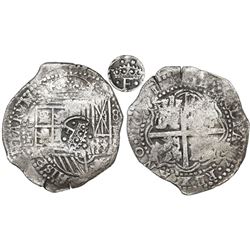 Potosi, Bolivia, cob 8 reales, 1651E, Latin 5, with crowned-•F• (four dots) countermark on shield.