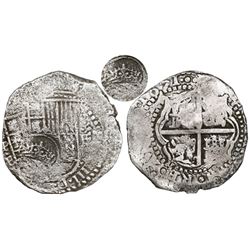 Potosi, Bolivia, cob 8 reales, 1651E, Latin 5, with crowned-(?) countermark on shield.