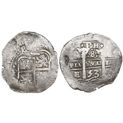 Potosi, Bolivia, cob 8 reales, 1653E, •PH• at top.