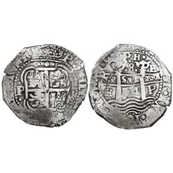 Potosi, Bolivia, cob 8 reales, 1654E, •PH• at top.