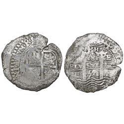 Potosi, Bolivia, cob 8 reales, 1654E, •PH• at top.