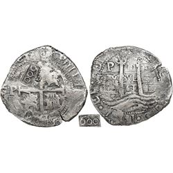 Potosi, Bolivia, cob 8 reales, 1661E, with 600-reis countermark of Brazil (1663) on cross, rare.