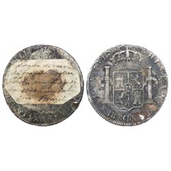 Potosi, Bolivia, bust 8 reales, Charles IV, 1808PJ, old salvage.