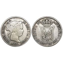 Madrid, Spain, 40 centimos, Isabel II, 1866, 6-pointed stars, very rare provenance (Spanish-American