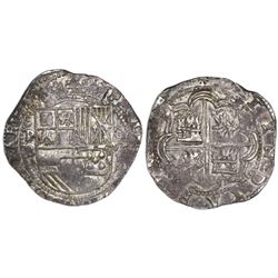 Potosi, Bolivia, cob 8 reales, Philip II, assayer B (3rd period, late variety).