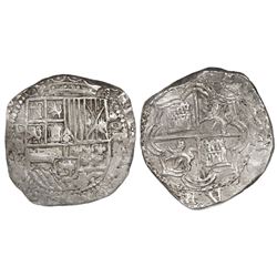 Potosi, Bolivia, cob 8 reales, Philip II, assayer B (5th period), border of x's on reverse only.