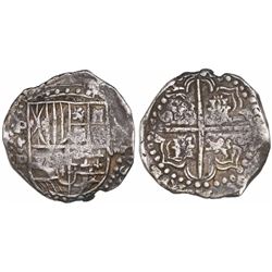 Potosi, Bolivia, cob 8 reales, Philip IV, assayer P (1622), upper half of shield and quadrants of cr