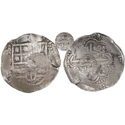 Potosi, Bolivia, cob 8 reales, Philip IV, assayer Z, with crowned-L countermark on cross.