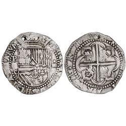 Potosi, Bolivia, cob 4 reales, Philip II, assayer C below erasure, very rare.