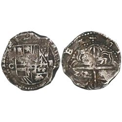 Potosi, Bolivia, cob 2 reales, Philip III, assayer C, rare.