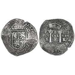 Potosi, Bolivia, cob 8 reales, 16(52)E transitional Type IV, from the Capitana (1654).