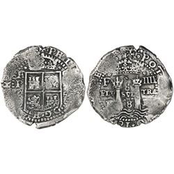 Potosi, Bolivia, cob 8 reales, 1652E transitional Type IV, from the Capitana (1654).