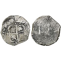 Potosi, Bolivia, cob 8 reales, 1652E post-transitional (transitional Type VIII/B), 1-PH-6 at top, un