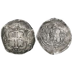 Potosi, Bolivia, cob 8 reales, 1652E post-transitional (transitional Type VIII/B), 1-PH-6 at top.
