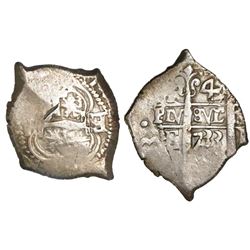 Potosi, Bolivia, cob 4 reales, 1733E, retrograde E to right of cross, rare.