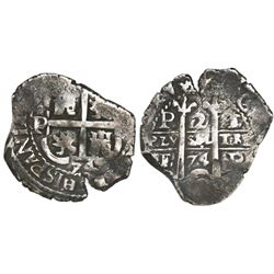 Potosi, Bolivia, cob 2 reales, 1674E, with 7/6 below cross (unique).