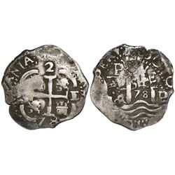 Potosi, Bolivia, cob 2 reales, 1678E.