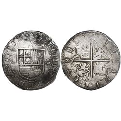 Seville, Spain, cob 8 reales, Philip II, assayer Gothic D at 4 o'clock outside tressure around cross