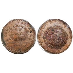 Buenos Aires, Argentina (National Bank), copper 20 decimos, 1830, encapsulated NGC AU 58 BN, tied fo