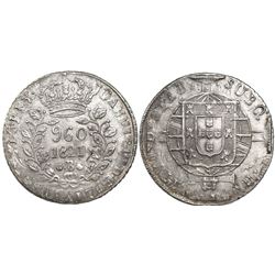 Brazil (Bahia mint), 960 reis, Joao VI, 1821-B, struck over a Lima, Peru, bust 8 reales, Ferdinand V