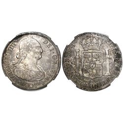 Santiago, Chile, bust 4 reales, Charles IV, 1807FJ, encapsulated NGC AU 55.