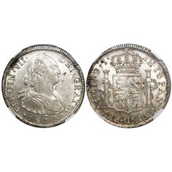 Santiago, Chile, bust 4 reales, Ferdinand VII (bust of Charles IV), 1813FJ, encapsulated NGC AU 58.