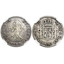 Bogota, Colombia, bust 1 real, Charles III, 1777JJ, variety with J•J and N•R, encapsulated NGC VG 8,