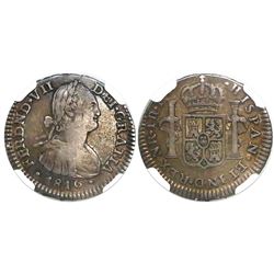 Bogota, Colombia, bust 1 real, Ferdinand VII (bust of Charles IV), 1816FJ, encapsulated NGC VF 30.