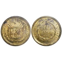 Costa Rica, brass pattern 50 centavos, 18xx (1873), very rare, encapsulated NGC MS 60.