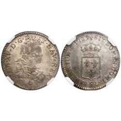 France (Tours mint), 1/6 ecu, Louis XV, 1721-E, struck over a 1720 1/6 ecu of Navarre, encapsulated 