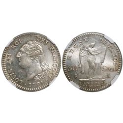 France (Paris mint), 30 sols, Louis XVI, 1791-A, encapsulated NGC MS 63, finest known in NGC census.