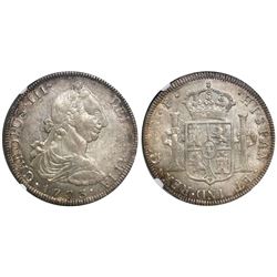 Guatemala, bust 8 reales, Charles III, 1773P, encapsulated NGC AU 50, finest known in NGC census.