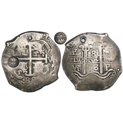 Guatemala, 8 reales, sun-over-mountains countermark (Type II, 1839) on a Potosi, Bolivia, cob 8 real